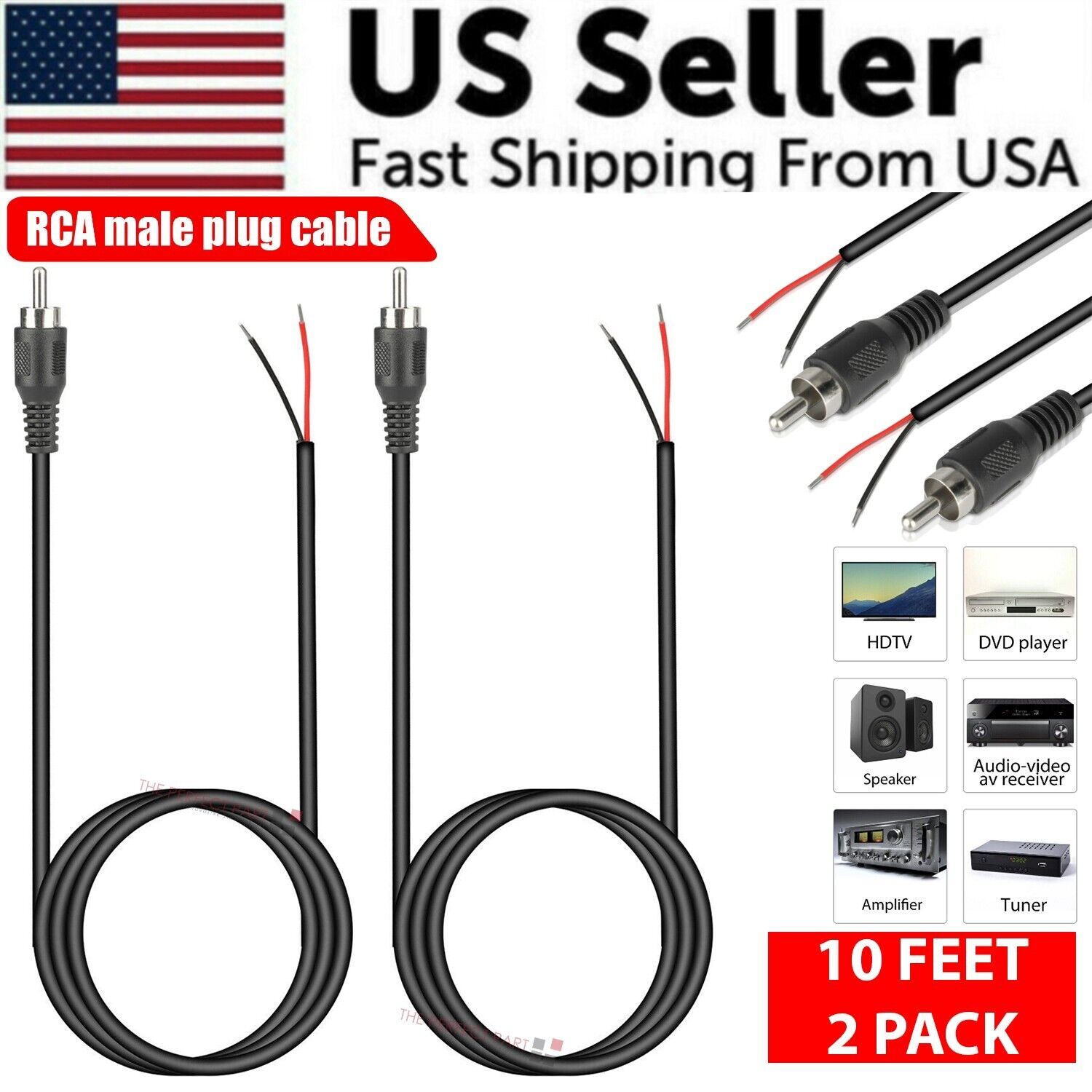 Home Cinema Speakers - 2-Pack 10ft RCA Male Plug To