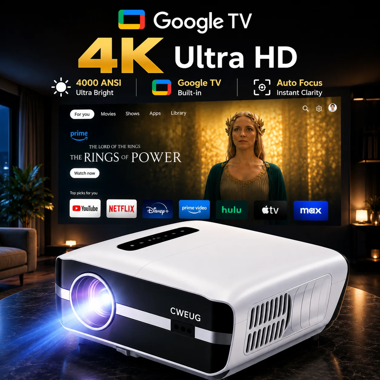 Home Cinema Complet - NewA9S 4k Projector Auto Focus Daytime