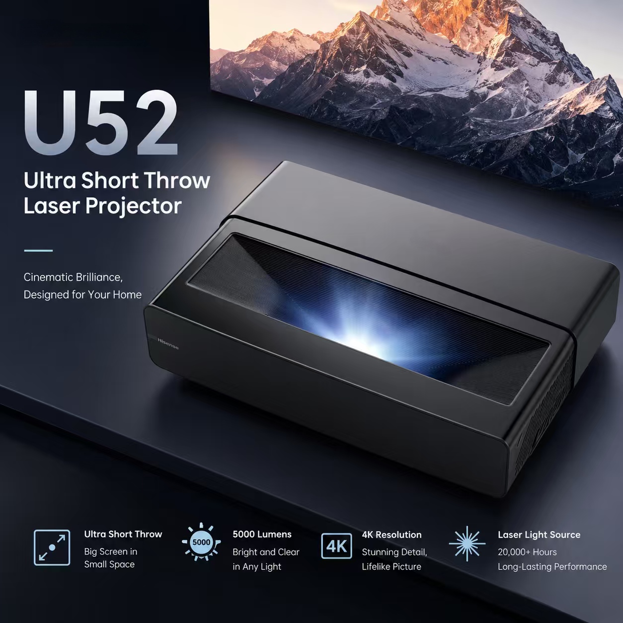 U52 4K DLP Projector 5300 Lume - Home Cinema Ultra Short Throw Projector ulasan dan harga